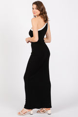 Black Contrast One Shoulder Maxi Dress