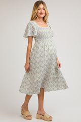 White Floral Square Neck Smocked Maternity Midi Dress