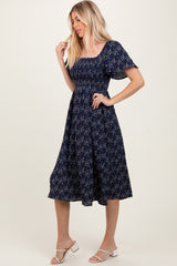 Navy Floral Square Neck Smocked Maternity Midi Dress