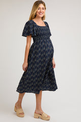 Navy Floral Square Neck Smocked Maternity Midi Dress