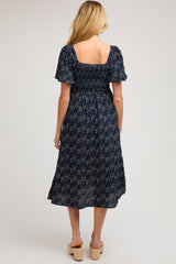 Navy Floral Square Neck Smocked Maternity Midi Dress