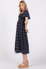 Navy Floral Square Neck Smocked Maternity Midi Dress