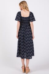 Navy Floral Square Neck Smocked Maternity Midi Dress