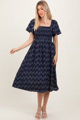 Navy Floral Square Neck Smocked Maternity Midi Dress