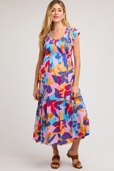 Multi-Color Smocked Ruffle Maternity Midi Dress