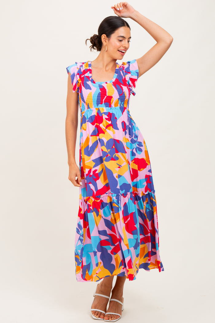 Multi-Color Smocked Ruffle Maternity Midi Dress