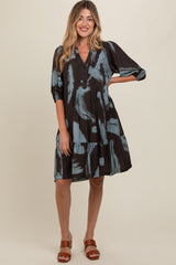 Mocha Abstract Print Button Up Maternity Midi Dress