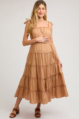 Camel Tiered Tie Strap Maternity Midi Dress