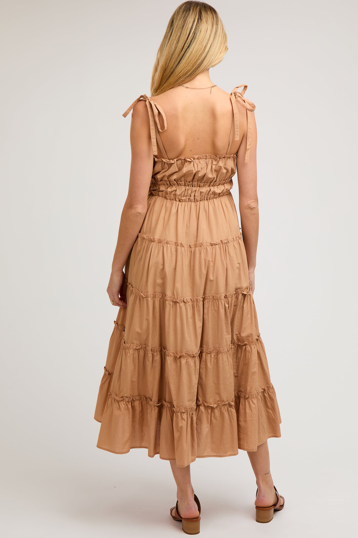 Camel Tiered Tie Strap Maternity Midi Dress
