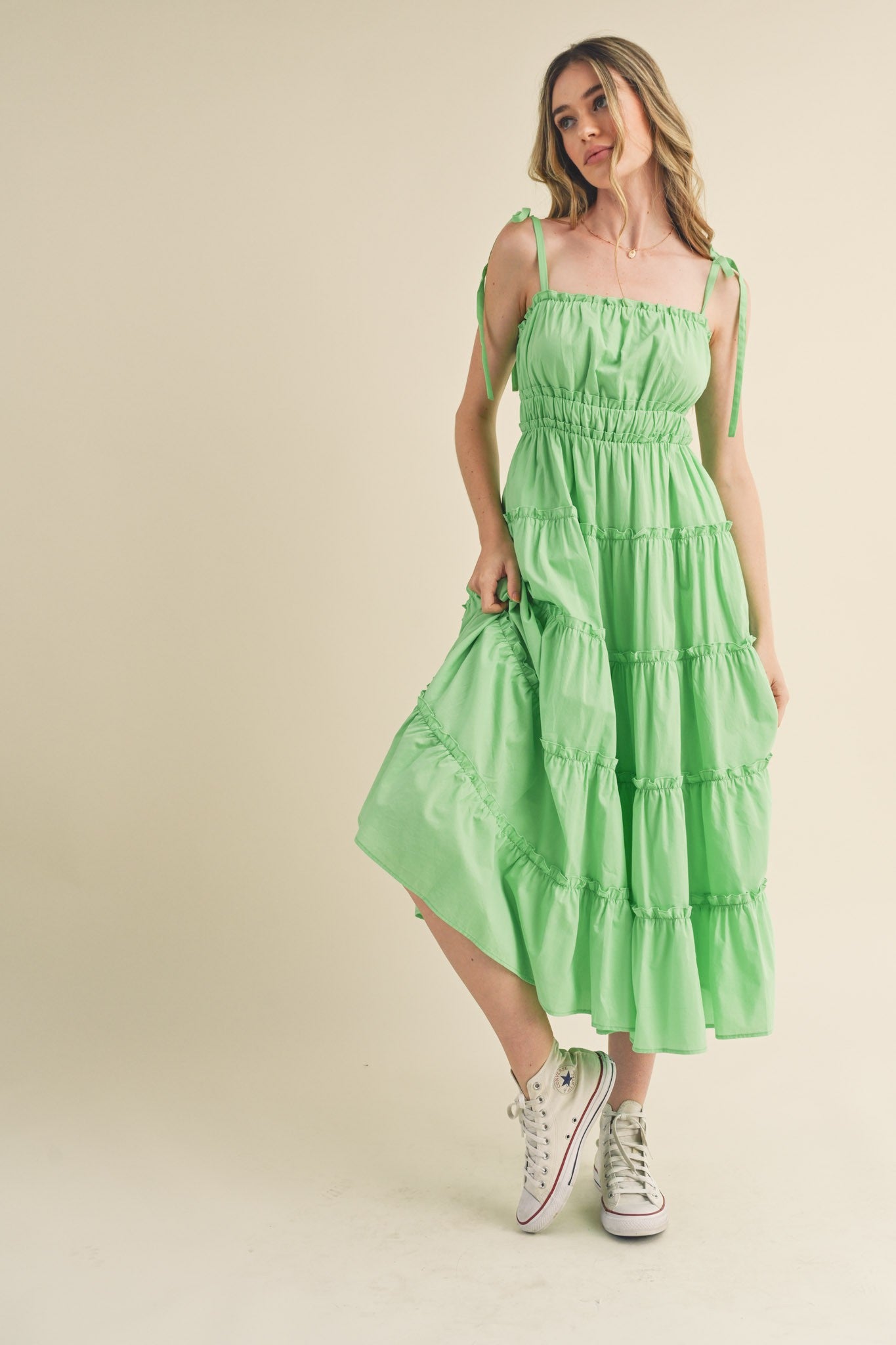 Lime Tiered Tie Strap Maternity Midi Dress