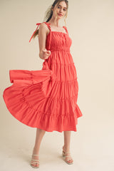 Red Tiered Tie Strap Midi Dress