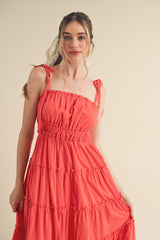 Red Tiered Tie Strap Midi Dress