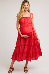 Red Tiered Tie Strap Maternity Midi Dress