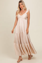 Cream Satin Ruffle Strap Tiered Maxi Dress