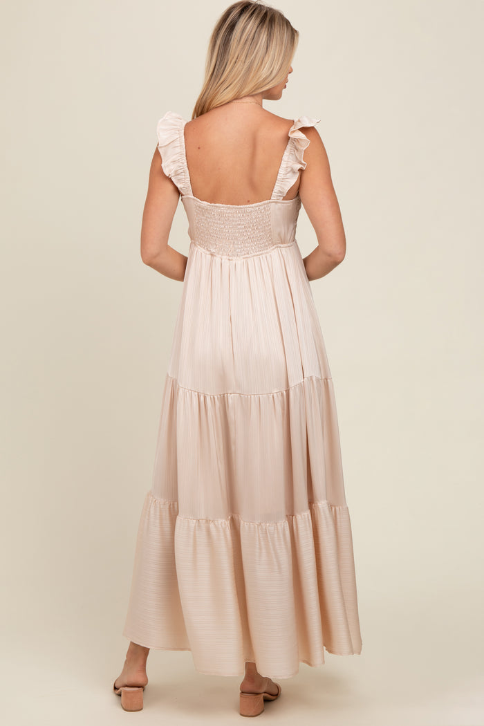 Cream Satin Ruffle Strap Tiered Maxi Dress