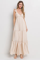 Cream Satin Ruffle Strap Tiered Maxi Dress