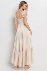 Cream Satin Ruffle Strap Tiered Maxi Dress