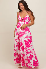 Fuchsia Tropical Floral Open Back Maternity Maxi Dress