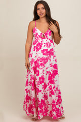 Fuchsia Tropical Floral Open Back Maternity Maxi Dress