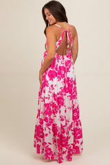 Fuchsia Tropical Floral Open Back Maternity Maxi Dress