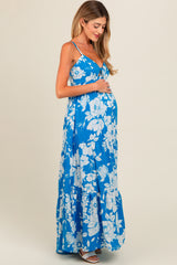 Royal Tropical Floral Open Back Maternity Maxi Dress