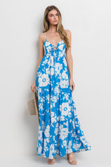 Royal Tropical Floral Open Back Maternity Maxi Dress