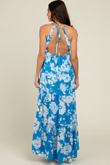 Royal Tropical Floral Open Back Maxi Dress