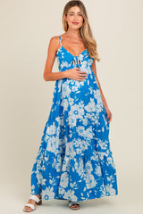 Royal Tropical Floral Open Back Maternity Maxi Dress