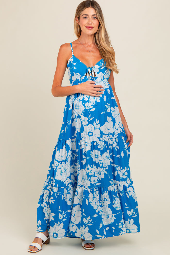 Royal Tropical Floral Open Back Maternity Maxi Dress