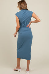 Blue Ribbed Maternity Ruched Midi Dress