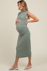 Light Olive Ribbed Maternity Ruched Midi Dress