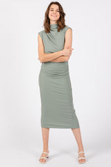 Light Olive Ribbed Ruched Midi Dress