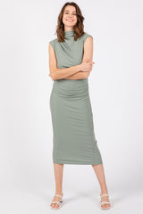 Light Olive Ribbed Maternity Ruched Midi Dress