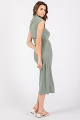 Light Olive Ribbed Ruched Midi Dress