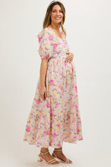 Lavender Floral Pleated Puff Sleeve Maternity Midi Dress