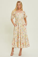 Ivory Floral Pleated Puff Sleeve Midi Dress