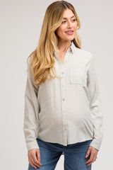 Grey Striped Basic Button Down Maternity Top