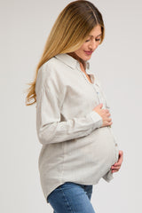 Grey Striped Basic Button Down Maternity Top