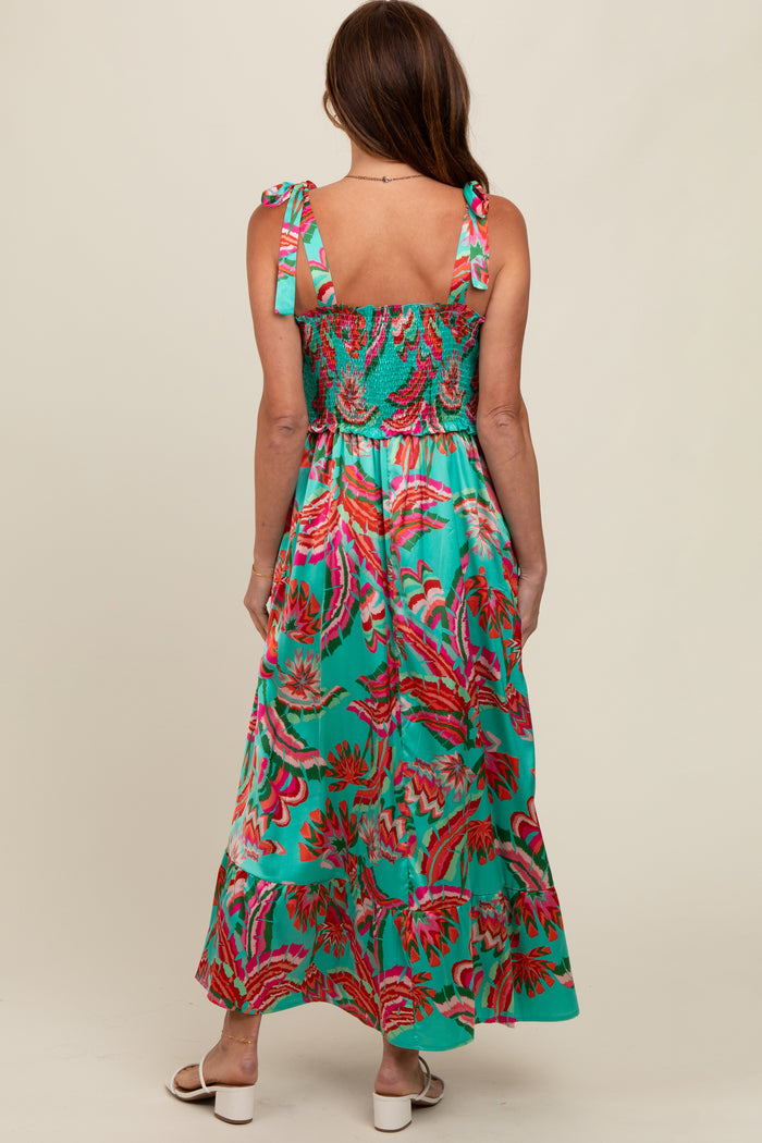 Turquoise Printed Smocked Bodice Maxi Dress
