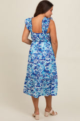 Blue Floral Ruffle Strap Maternity Midi Dress