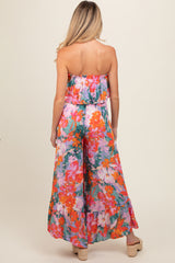 Multi Color Floral Smocked Ruffle Strapless Wide Leg Maternity Jumpsuit