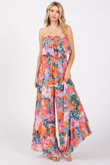 Multi Color Floral Smocked Ruffle Strapless Wide Leg Maternity Jumpsuit