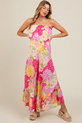 Multi-Color Floral Strapless Ruffle Wide Leg Maternity Jumpsuit