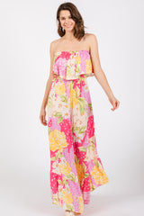 Multi-Color Floral Strapless Ruffle Wide Leg Maternity Jumpsuit