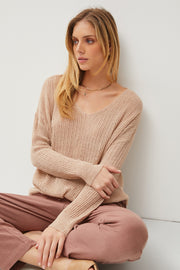 Beige Knit V-Neck Long Sleeve Top