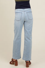 Light Blue Raw Hem Distressed Maternity Straight Leg Jeans