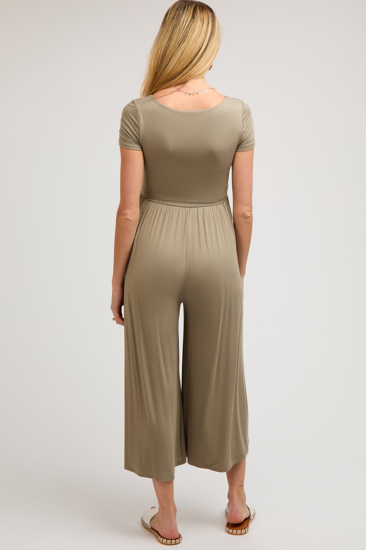 Light Olive Short Sleeve Pocketed Maternity Jumpsuit