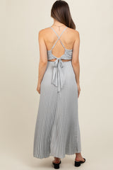 Silver Pleated Back Cutout Tie Maternity Maxi Dress