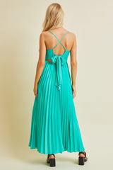 Turquoise Pleated Back Cutout Tie Maxi Dress