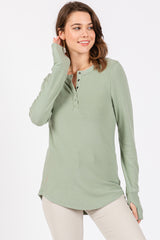 Sage Button Front Soft Knit Long Sleeve Henley Maternity Top